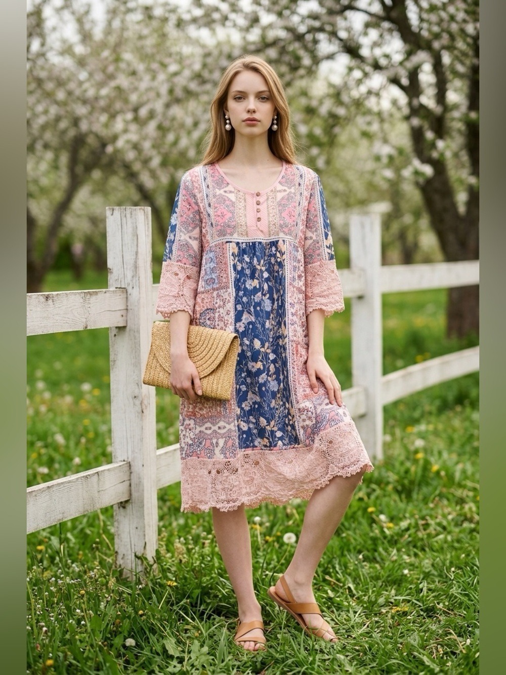 Boho Patchwork Midi Dress in Pink & Blue (S) AI generated Cover Shot!